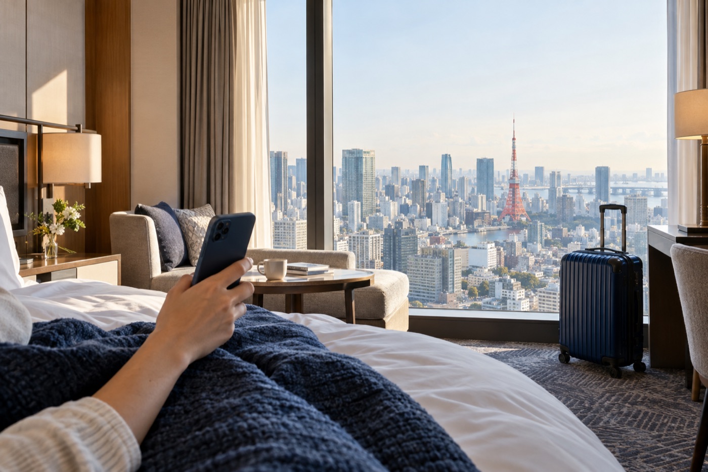 A traveler with a phone resting in a Tokyo hotel room